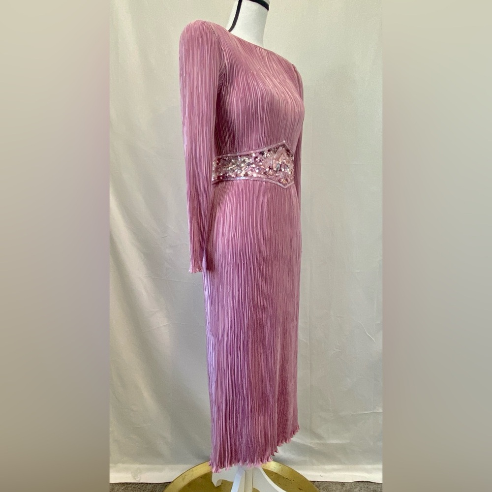 NUIT Vintage 1980s Pink Mauve Micro Pleated Dress Beaded Embellished Waist sz 8 - Picture 5 of 17